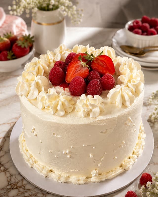 Gâteau aux fruits rouges dans une mise en scène illustrative